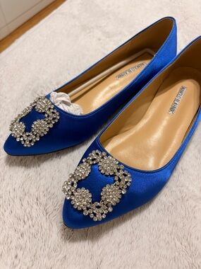 Royal Blue Satin Crystal-Buckle Pointed Flats